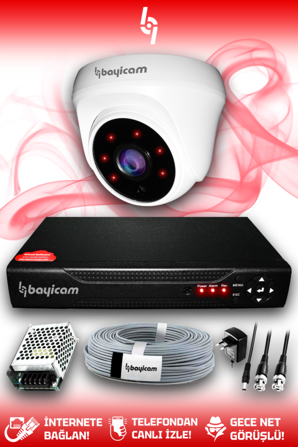 1 Kameralı Dome 1 İç Kamera Set HDD'siz Full HD Gece Görüşlü Güvenlik Kamerası Sistemi
