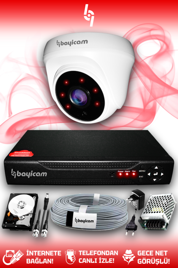 1 Kameralı Dome 1 İç Kamera Set 1 TB HDD Full HD Gece Görüşlü Güvenlik Kamerası Sistemi