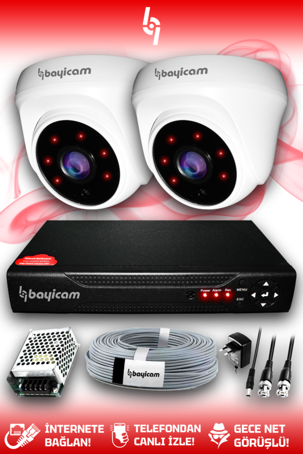 2 Kameralı Dome 2 İç Kamera Set HDD'siz Full HD Gece Görüşlü Güvenlik Kamerası Sistemi