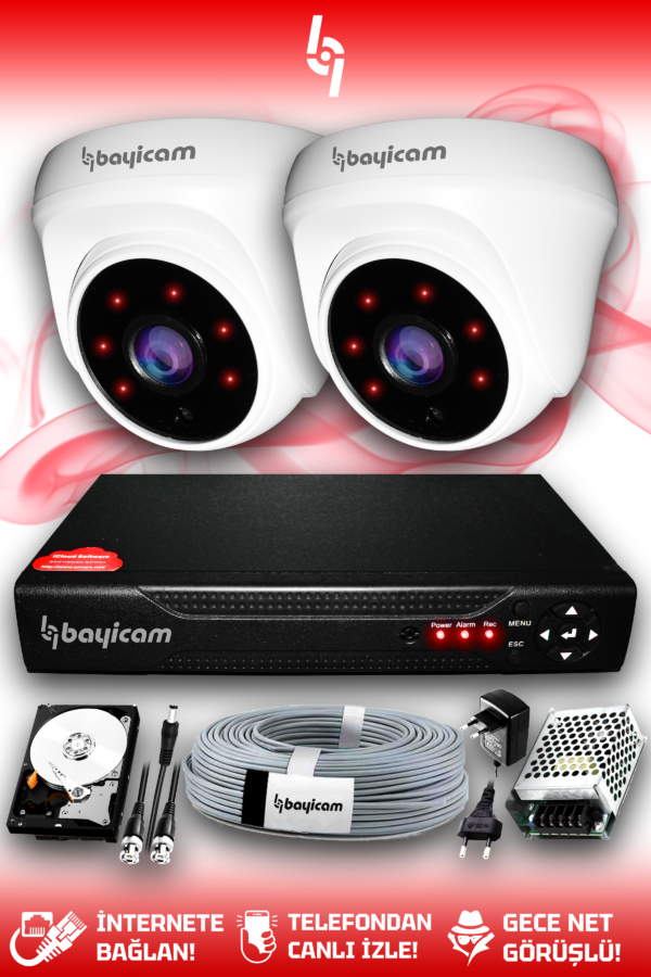 2 Kameralı Dome 2 İç Kamera Set 2 TB HDD Full HD Gece Görüşlü Güvenlik Kamerası Sistemi