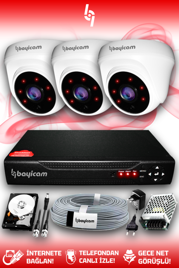 3 Kameralı Dome 3 İç Kamera Set 1 TB HDD Full HD Gece Görüşlü Güvenlik Kamerası Sistemi