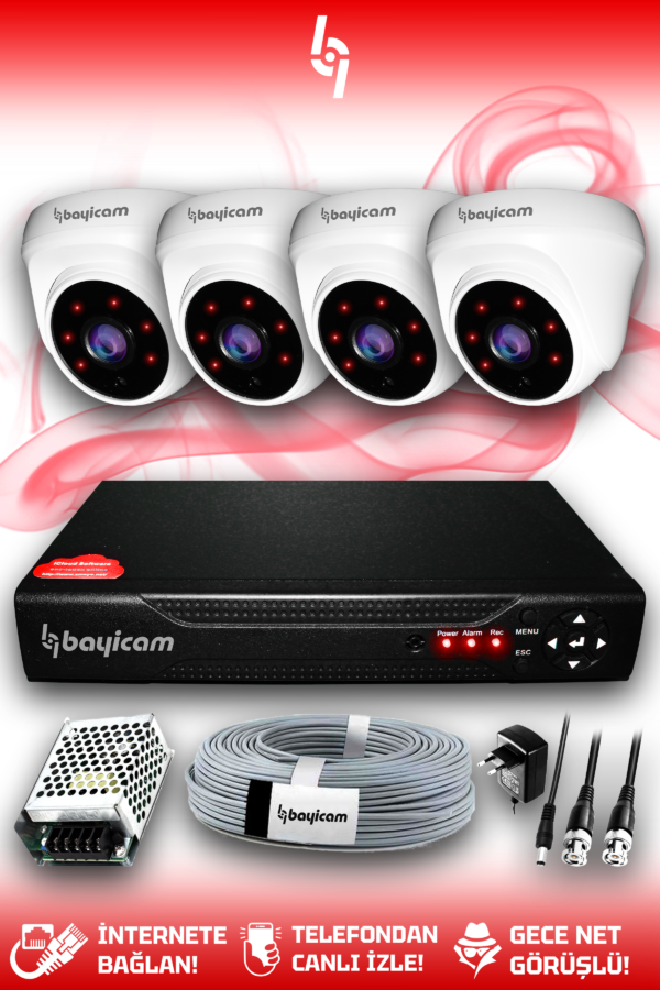 4 Kameralı Dome 4 İç Kamera Set HDD'siz Full HD Gece Görüşlü Güvenlik Kamerası Sistemi