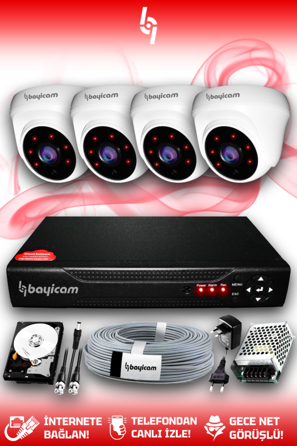 4 Kameralı Dome 4 İç Kamera Set 250 GB HDD Full HD Gece Görüşlü Güvenlik Kamerası Sistemi