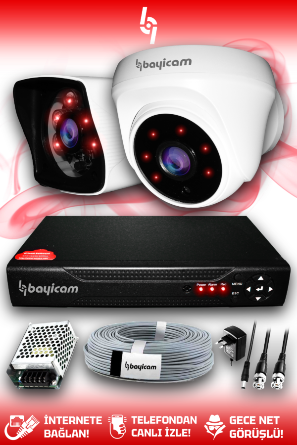 2 Kameralı Kare 1 İç Kamera Set HDD'siz Full HD Gece Görüşlü Güvenlik Kamerası Sistemi
