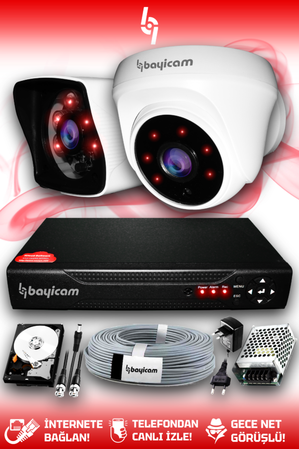 2 Kameralı Kare 1 İç Kamera Set 2 TB HDD Full HD Gece Görüşlü Güvenlik Kamerası Sistemi