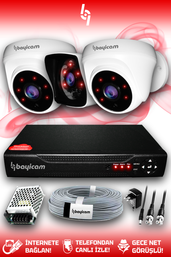 3 Kameralı Kare 2 İç Kamera Set HDD'siz Full HD Gece Görüşlü Güvenlik Kamerası Sistemi