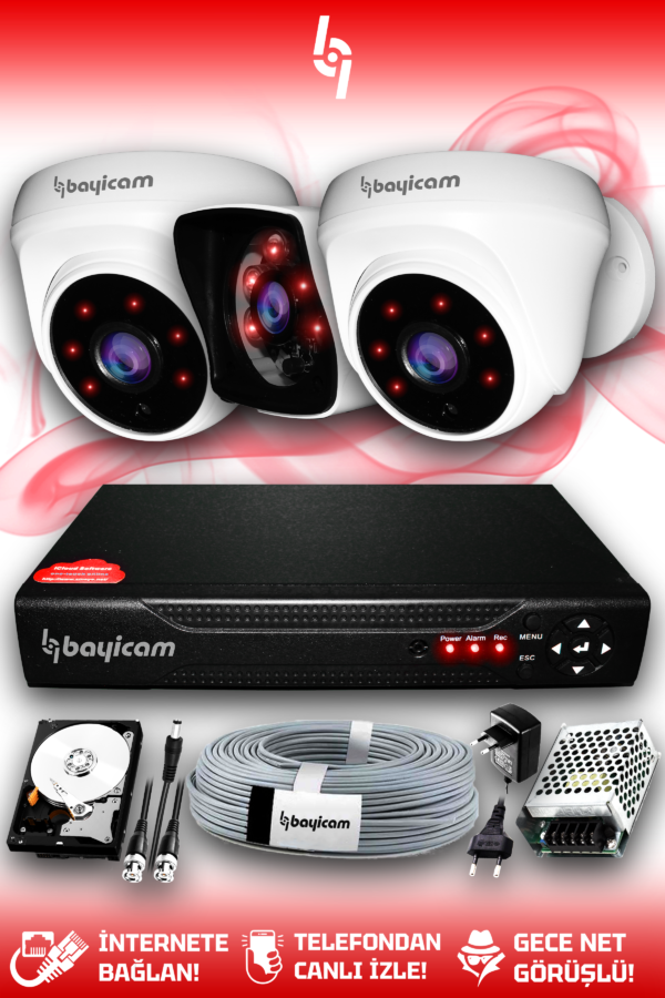 3 Kameralı Kare 2 İç Kamera Set 100 GB HDD Full HD Gece Görüşlü Güvenlik Kamerası Sistemi
