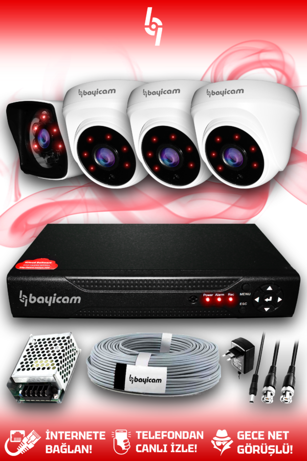 4 Kameralı Kare 3 İç Kamera Set HDD'siz Full HD Gece Görüşlü Güvenlik Kamerası Sistemi