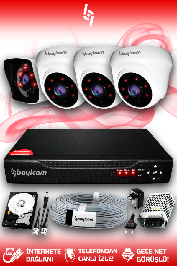 4 Kameralı Kare 3 İç Kamera Set 2 TB HDD Full HD Gece Görüşlü Güvenlik Kamerası Sistemi