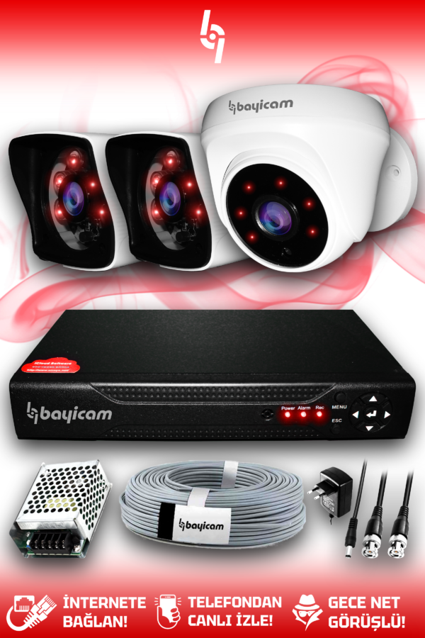 3 Kameralı Kare 1 İç Kamera Set HDD'siz Full HD Gece Görüşlü Güvenlik Kamerası Sistemi