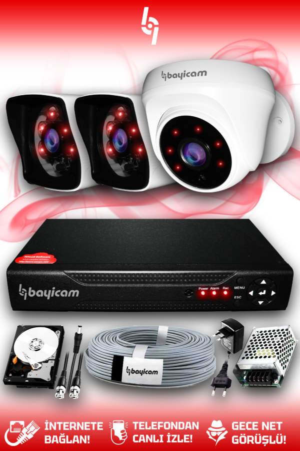 3 Kameralı Kare 1 İç Kamera Set 100 GB HDD Full HD Gece Görüşlü Güvenlik Kamerası Sistemi