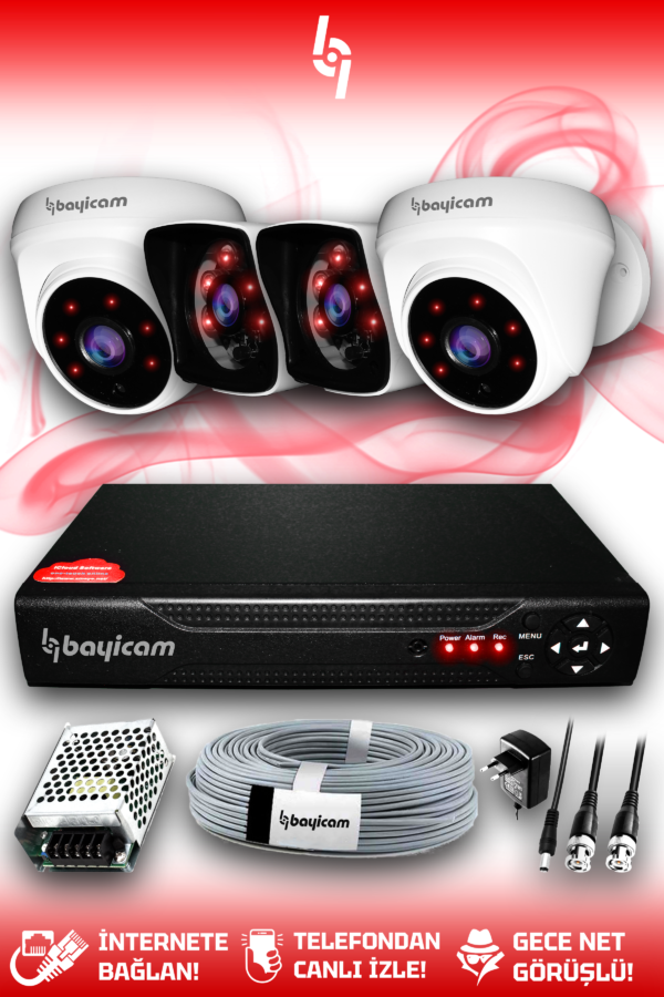 4 Kameralı Kare 2 İç Kamera Set HDD'siz Full HD Gece Görüşlü Güvenlik Kamerası Sistemi