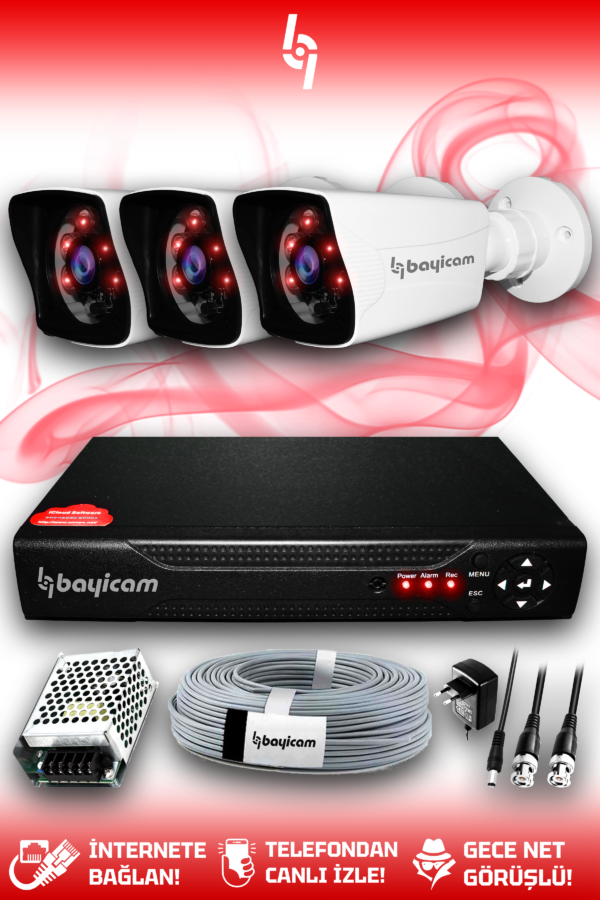 3 Kameralı Kare 3 Dış Kamera Set HDD'siz Full HD Gece Görüşlü Güvenlik Kamerası Sistemi