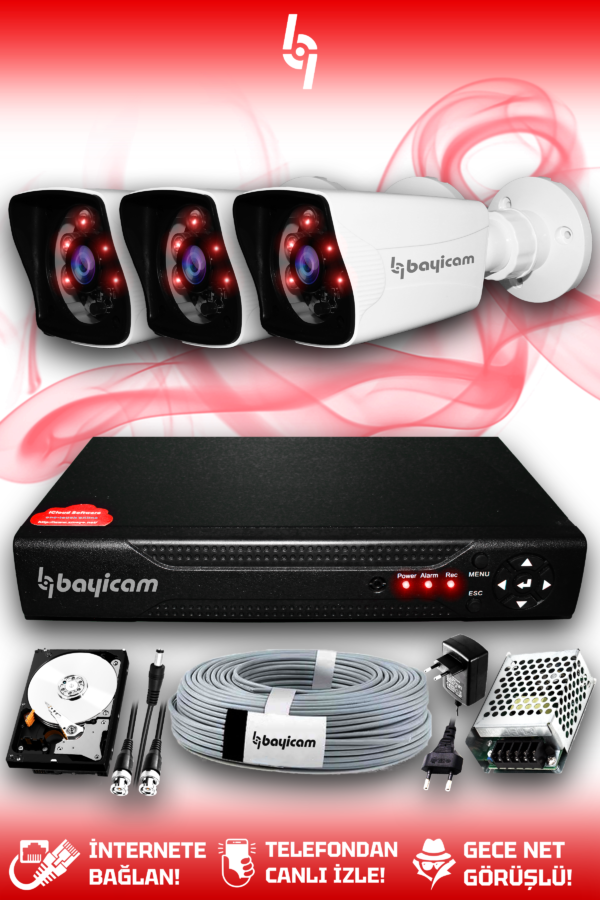 3 Kameralı Kare 3 Dış Kamera Set 2 TB HDD Full HD Gece Görüşlü Güvenlik Kamerası Sistemi