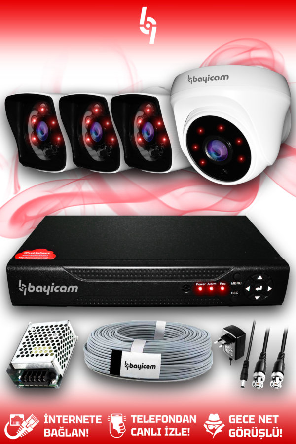 4 Kameralı Kare 1 İç Kamera Set HDD'siz Full HD Gece Görüşlü Güvenlik Kamerası Sistemi