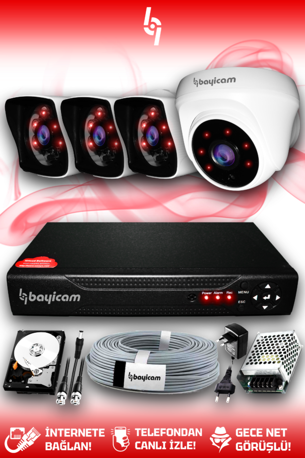 4 Kameralı Kare 1 İç Kamera Set 1 TB HDD Full HD Gece Görüşlü Güvenlik Kamerası Sistemi