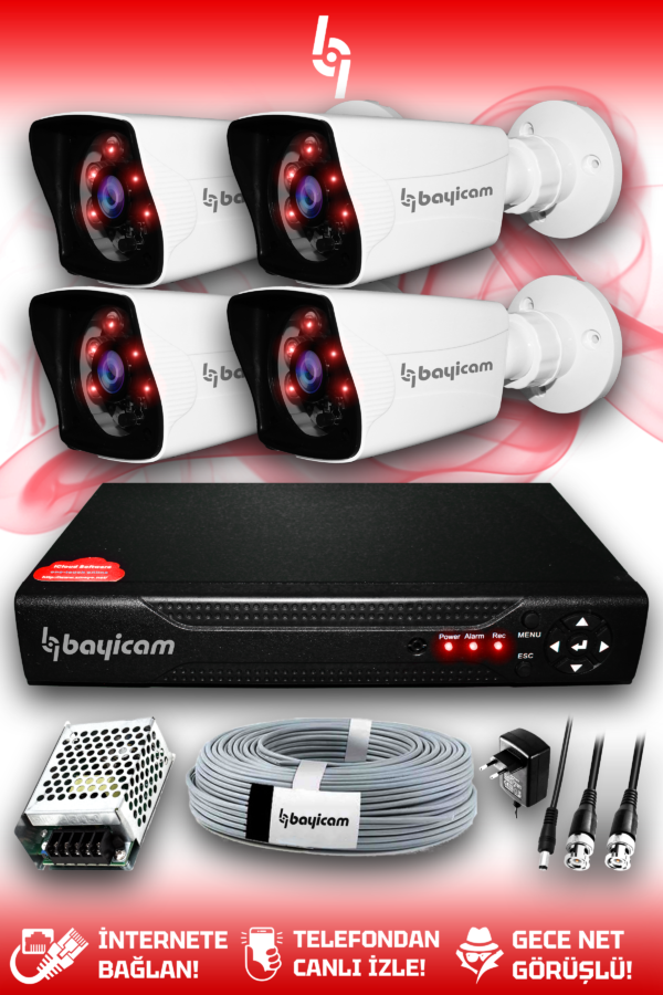 4 Kameralı Kare 4 Dış Kamera Set HDD'siz Full HD Gece Görüşlü Güvenlik Kamerası Sistemi