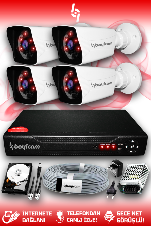 4 Kameralı Kare 4 Dış Kamera Set 320 GB HDD Full HD Gece Görüşlü Güvenlik Kamerası Sistemi