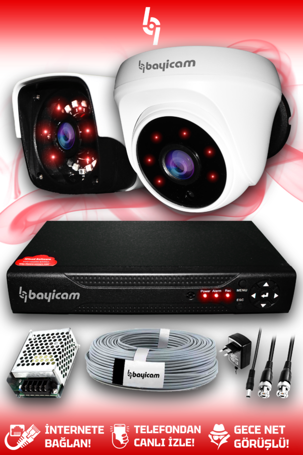 2 Kameralı Panda 1 İç Kamera Set HDD'siz Full HD Gece Görüşlü Güvenlik Kamerası Sistemi