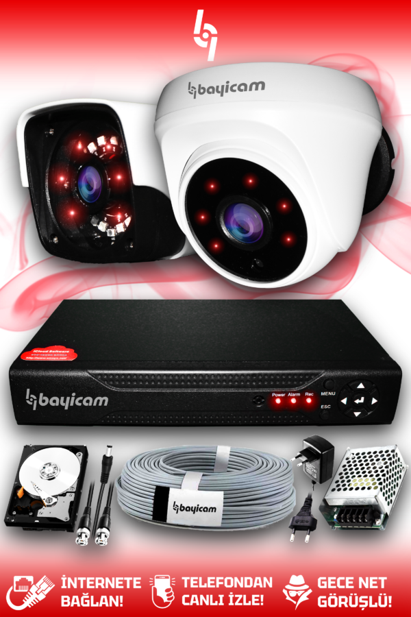 2 Kameralı Panda 1 İç Kamera Set 500 GB HDD Full HD Gece Görüşlü Güvenlik Kamerası Sistemi