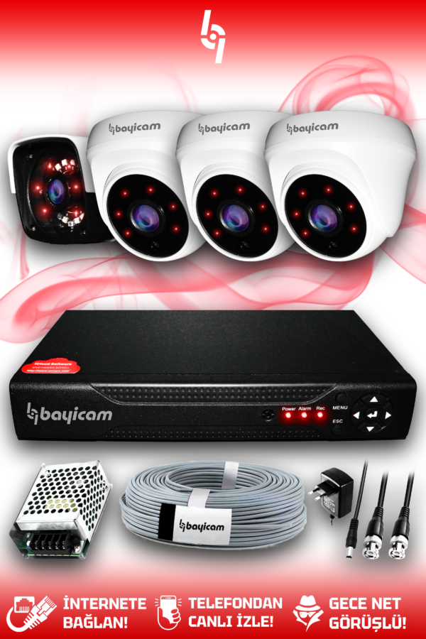 4 Kameralı Panda 3 İç Kamera Set HDD'siz Full HD Gece Görüşlü Güvenlik Kamerası Sistemi