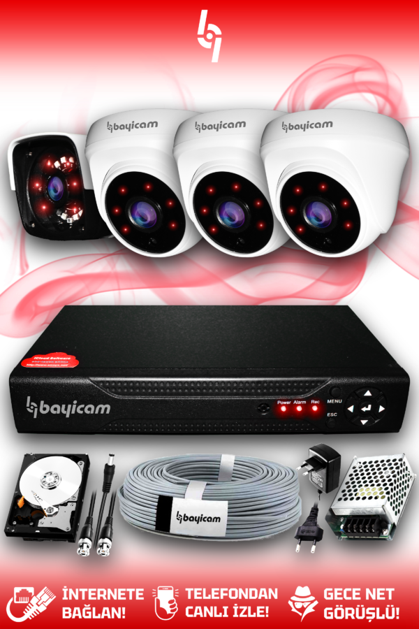4 Kameralı Panda 3 İç Kamera Set 1 TB HDD Full HD Gece Görüşlü Güvenlik Kamerası Sistemi