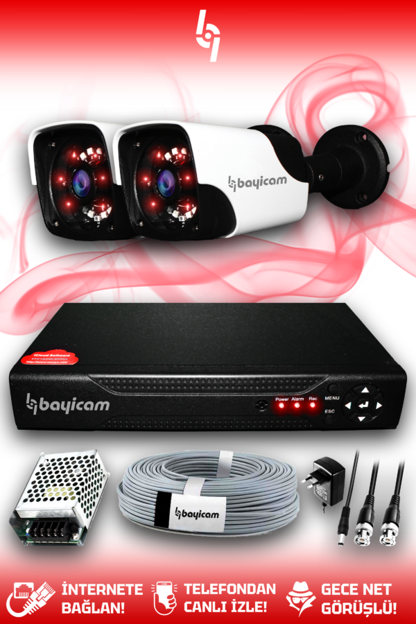 2 Kameralı Panda 2 Dış Kamera Set HDD'siz Full HD Gece Görüşlü Güvenlik Kamerası Sistemi