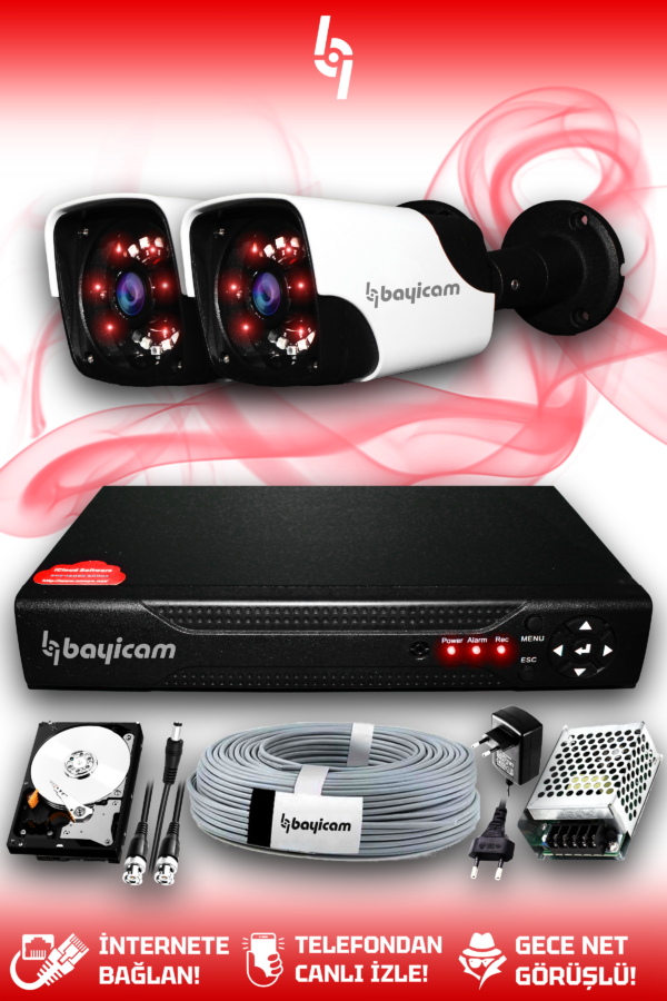 2 Kameralı Panda 2 Dış Kamera Set 1 TB HDD Full HD Gece Görüşlü Güvenlik Kamerası Sistemi