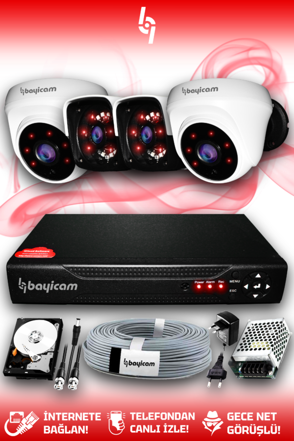 4 Kameralı Panda 2 İç Kamera Set 2 TB HDD Full HD Gece Görüşlü Güvenlik Kamerası Sistemi