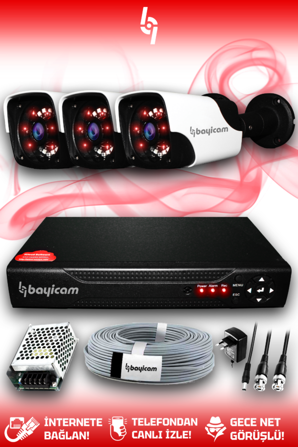 3 Kameralı Panda 3 Dış Kamera Set HDD'siz Full HD Gece Görüşlü Güvenlik Kamerası Sistemi