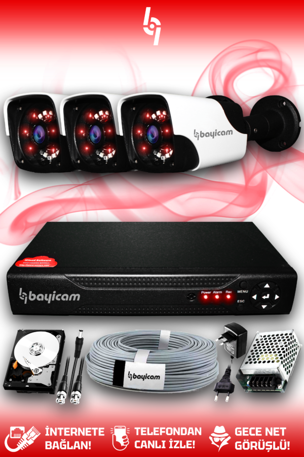 3 Kameralı Panda 3 Dış Kamera Set 2 TB HDD Full HD Gece Görüşlü Güvenlik Kamerası Sistemi