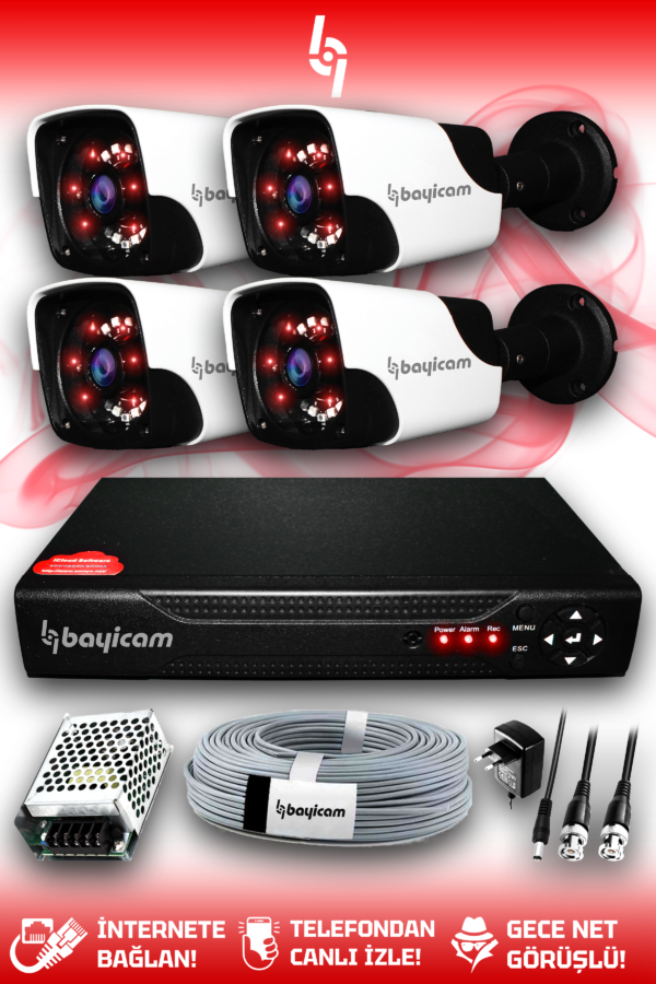 4 Kameralı Panda 4 Dış Kamera Set HDD'siz Full HD Gece Görüşlü Güvenlik Kamerası Sistemi