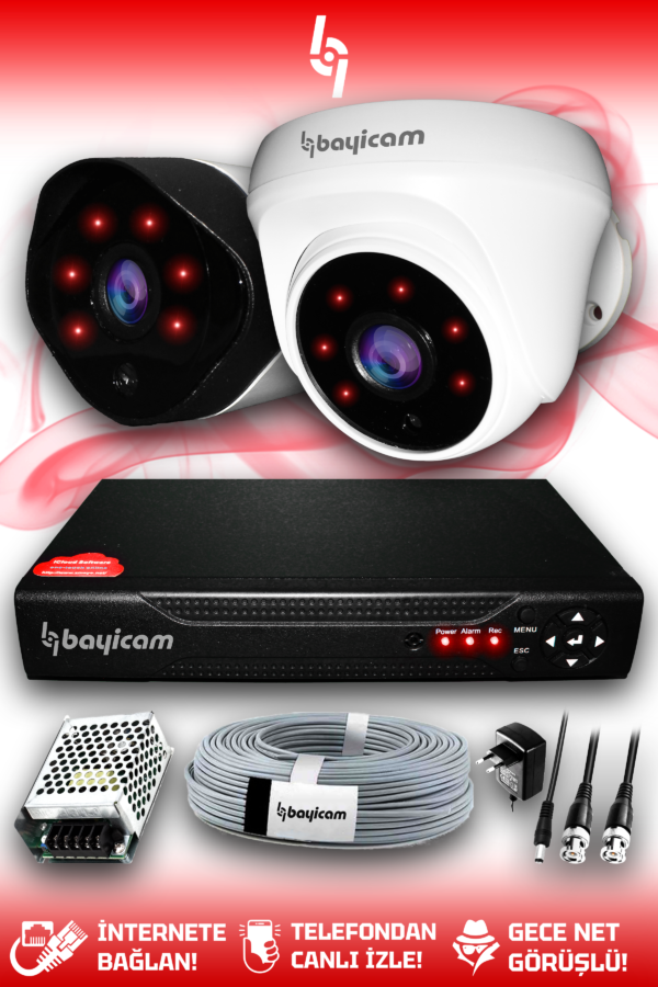 2 Kameralı Uzay 1 İç Kamera Set HDD'siz Full HD Gece Görüşlü Güvenlik Kamerası Sistemi