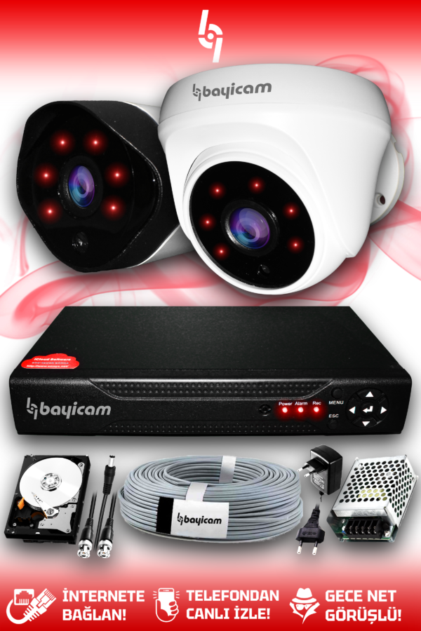 2 Kameralı Uzay 1 İç Kamera Set 1 TB HDD Full HD Gece Görüşlü Güvenlik Kamerası Sistemi