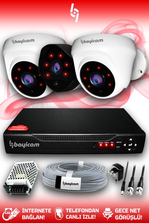 3 Kameralı Uzay 2 İç Kamera Set HDD'siz Full HD Gece Görüşlü Güvenlik Kamerası Sistemi
