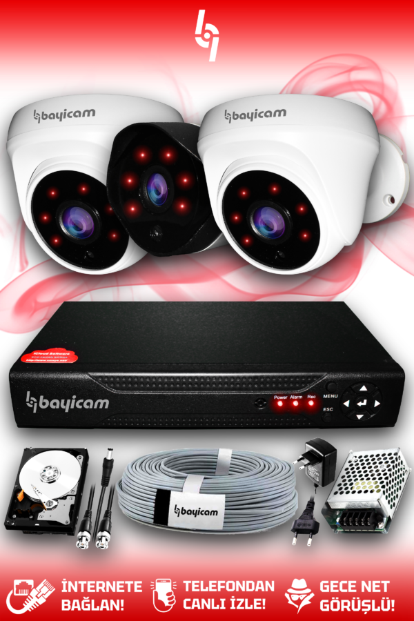 3 Kameralı Uzay 2 İç Kamera Set 2 TB HDD Full HD Gece Görüşlü Güvenlik Kamerası Sistemi
