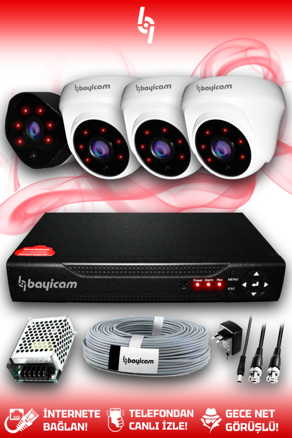 4 Kameralı Uzay 3 İç Kamera Set HDD'siz Full HD Gece Görüşlü Güvenlik Kamerası Sistemi