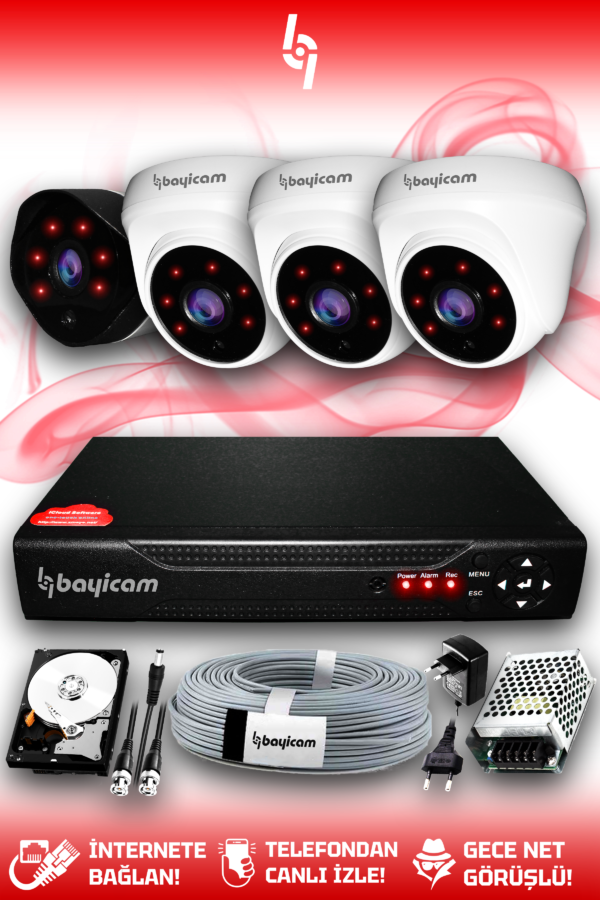 4 Kameralı Uzay 3 İç Kamera Set 320 GB HDD Full HD Gece Görüşlü Güvenlik Kamerası Sistemi