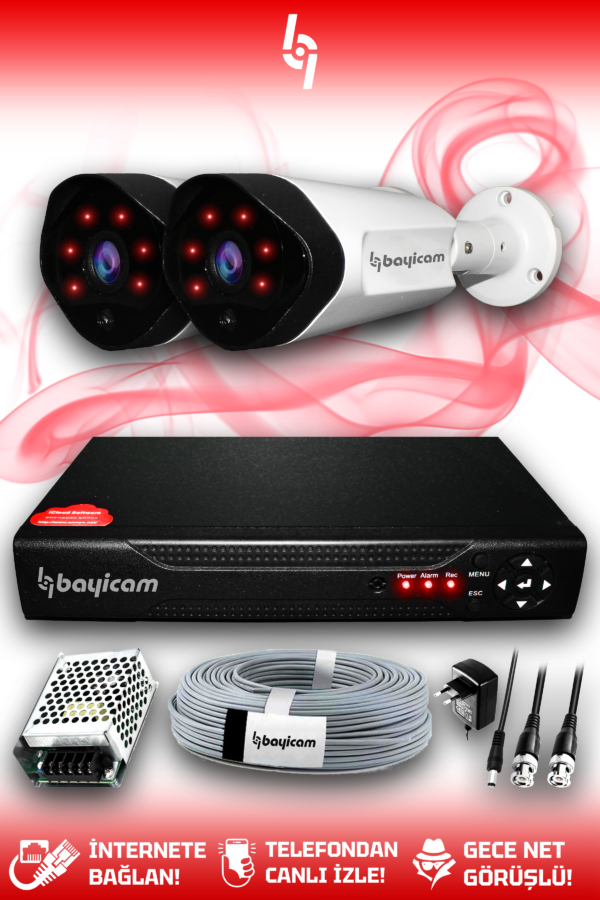 2 Kameralı Uzay 2 Dış Kamera Set HDD'siz Full HD Gece Görüşlü Güvenlik Kamerası Sistemi
