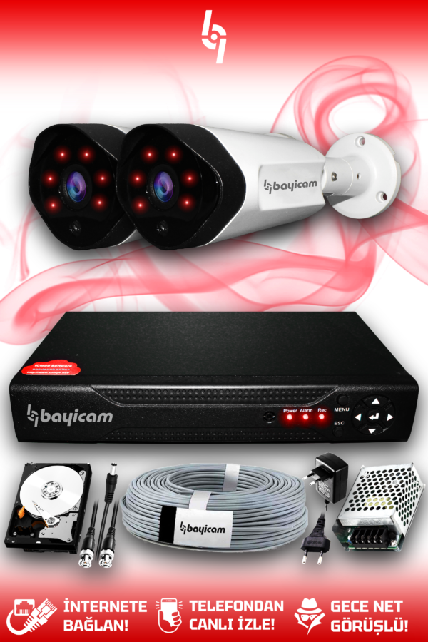 2 Kameralı Uzay 2 Dış Kamera Set 1 TB HDD Full HD Gece Görüşlü Güvenlik Kamerası Sistemi