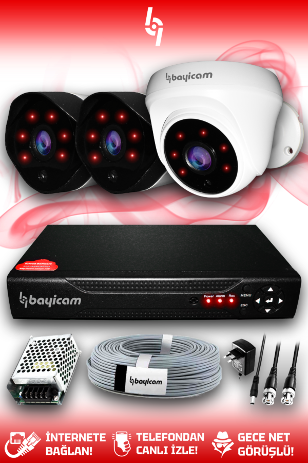 3 Kameralı Uzay 1 İç Kamera Set HDD'siz Full HD Gece Görüşlü Güvenlik Kamerası Sistemi