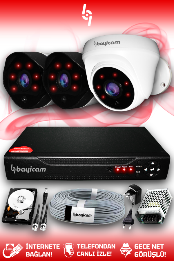 3 Kameralı Uzay 1 İç Kamera Set 2 TB HDD Full HD Gece Görüşlü Güvenlik Kamerası Sistemi