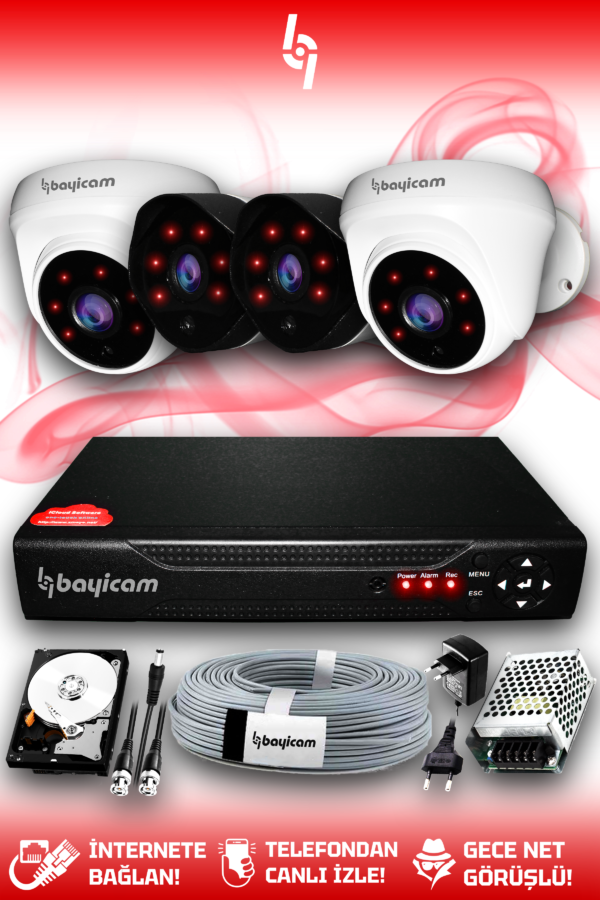 4 Kameralı Uzay 2 İç Kamera Set 2 TB HDD Full HD Gece Görüşlü Güvenlik Kamerası Sistemi