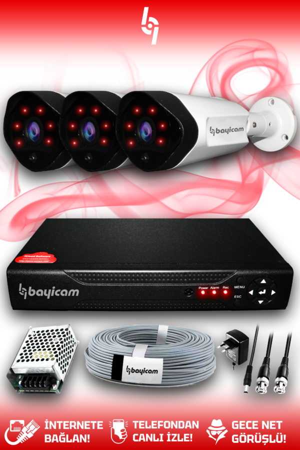 3 Kameralı Uzay 3 Dış Kamera Set HDD'siz Full HD Gece Görüşlü Güvenlik Kamerası Sistemi