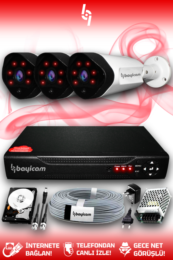 3 Kameralı Uzay 3 Dış Kamera Set 1 TB HDD Full HD Gece Görüşlü Güvenlik Kamerası Sistemi