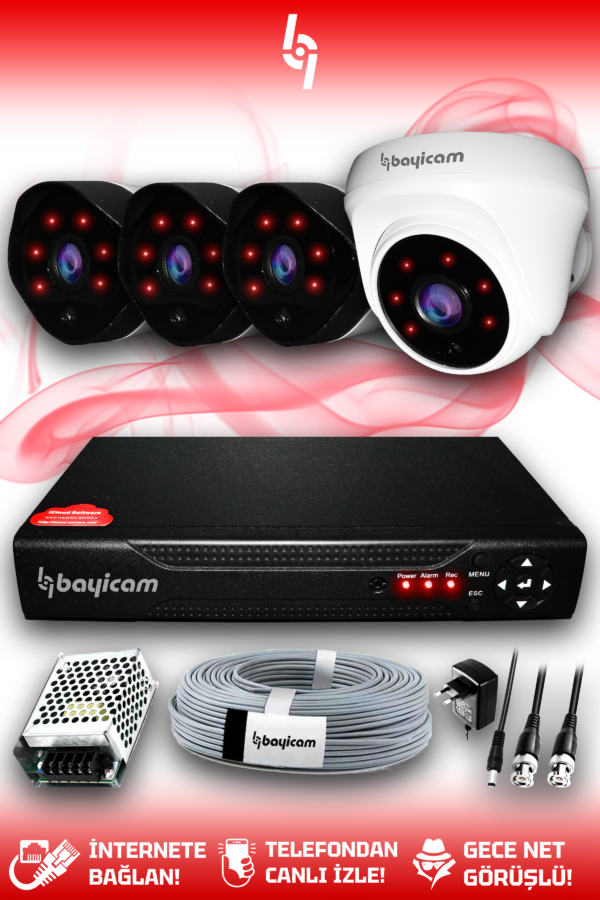4 Kameralı Uzay 1 İç Kamera Set HDD'siz Full HD Gece Görüşlü Güvenlik Kamerası Sistemi