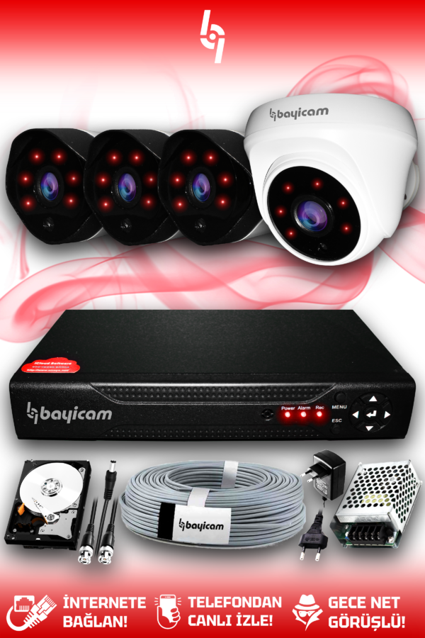 4 Kameralı Uzay 1 İç Kamera Set 1 TB HDD Full HD Gece Görüşlü Güvenlik Kamerası Sistemi