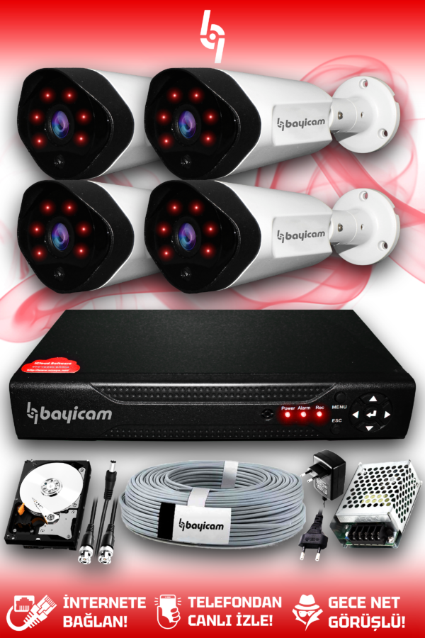 4 Kameralı Uzay 4 Dış Kamera Set 250 GB HDD Full HD Gece Görüşlü Güvenlik Kamerası Sistemi