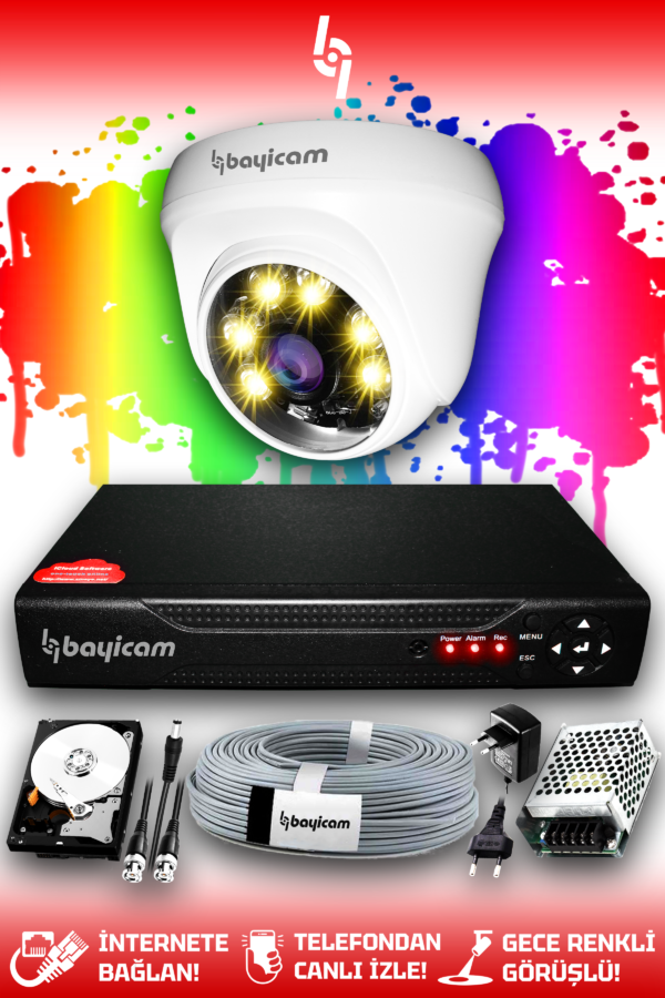 1 Kameralı Dome 1 İç Kamera Set 1 TB HDD Full HD Renkli Gece Görüşlü Güvenlik Kamerası Sistemi
