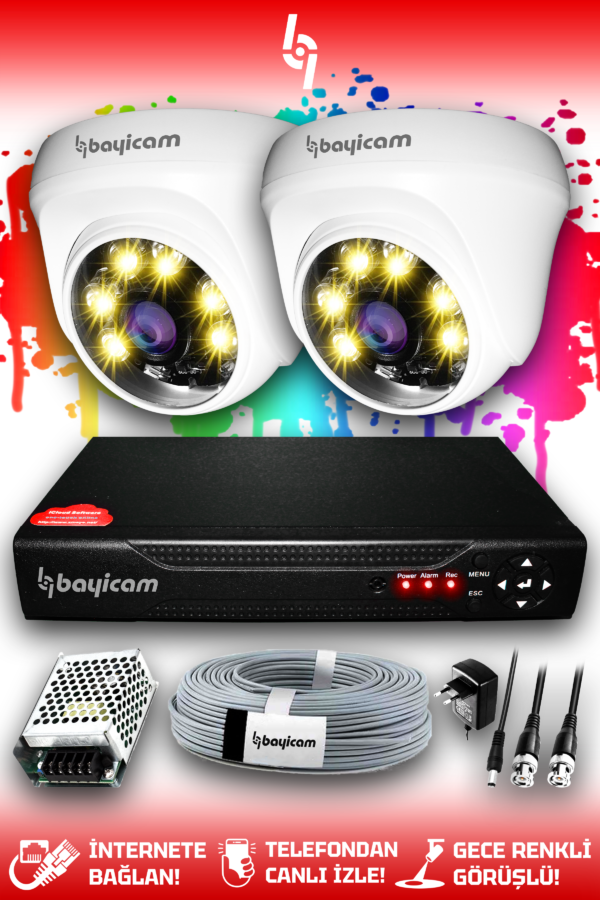 2 Kameralı Dome 2 İç Kamera Set HDD'siz Full HD Renkli Gece Görüşlü Güvenlik Kamerası Sistemi